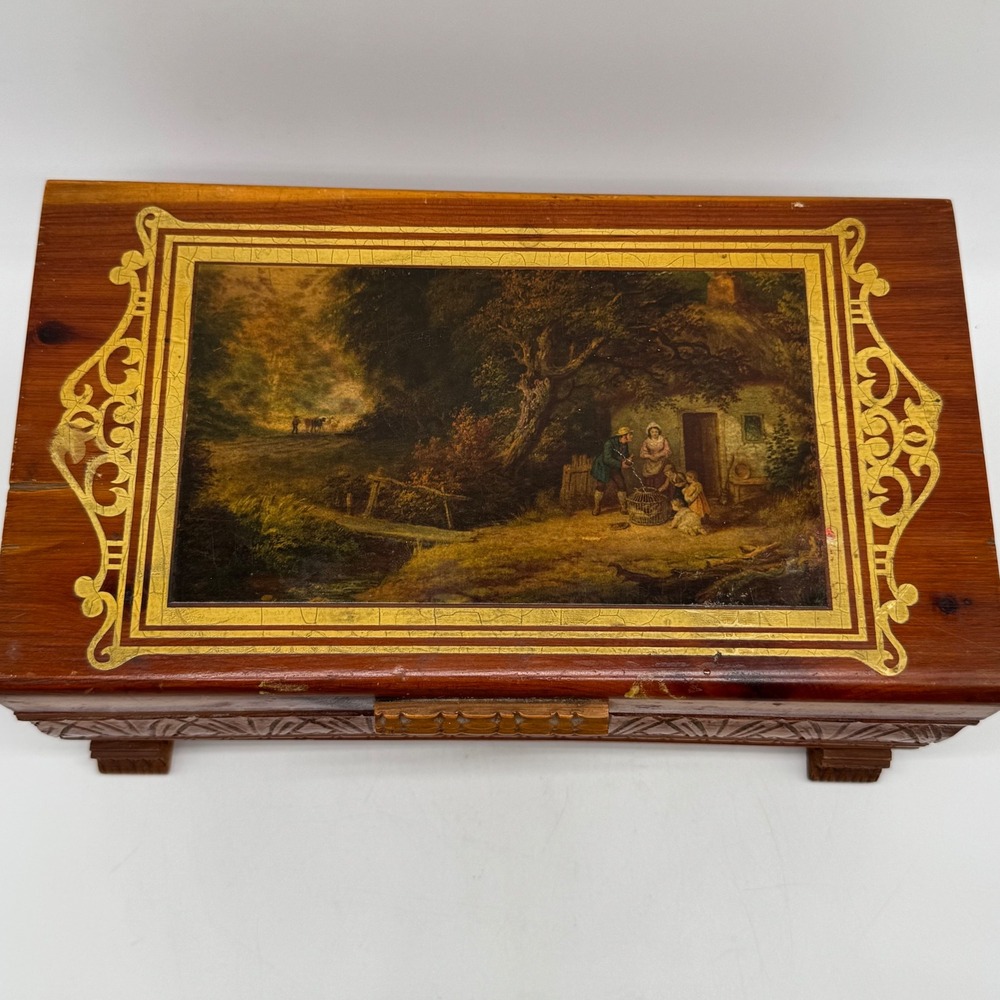 Vintage Kugelman Waukegan IL Carved Wood Cedar Box 10x7x4 Cottage Lithograph Lid